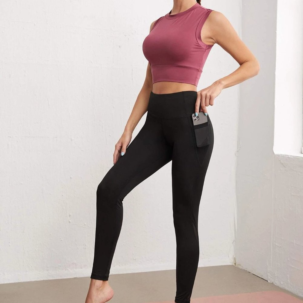 NEW WOT Crop Sports Tank Top And Sheer Mesh Insert Leggings Set